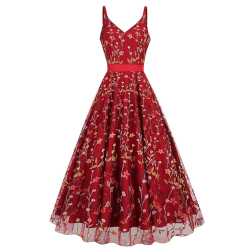 Vestido de fiesta de graduación para mujer, estilo retro, con cuello en V, largo bordado, rosso, S