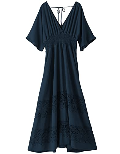 Image of Olaesa Boho Maxi Dress V Neck Short Sleeve Lace Smocked Waist Flowy Dress | Wedding Guest Dress with Pockets, Summer Bohemian Vacation Dress, Elegant Party Dress for Family photo& Baby Shower