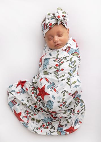 Image of Newborn Baby Girl Receiving Blanket Swaddle Blanket Stretchy Knit Swaddle Set with Matching Headband and Beanie (Red Socks Christmas)