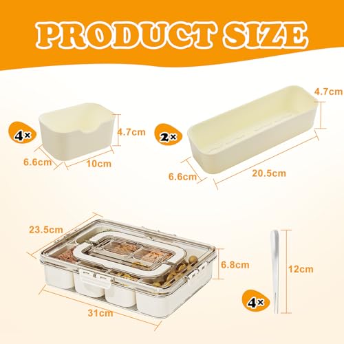 Snackbox mit Fächern, Snack Tablett mit 4 Gabeln aus Edelstahl, Kunststoff Snackbox Auslaufsicher, Organizer mit Deckel und Handgriff, für Kühlschrank Vorratskammer Snack, Obst Gewürzorganizer