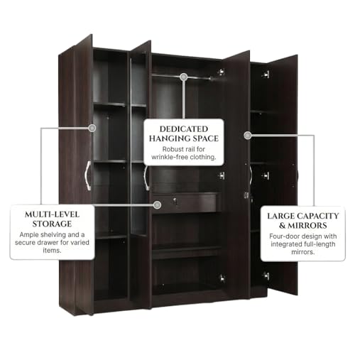 Image of HomeTown Willy Plus 4 Door Wardrobe Walnut (Brown)| Large Wooden Almirah for Bedroom Storage | 4 Door Closet Cabinet | Wardrobe Furniture India