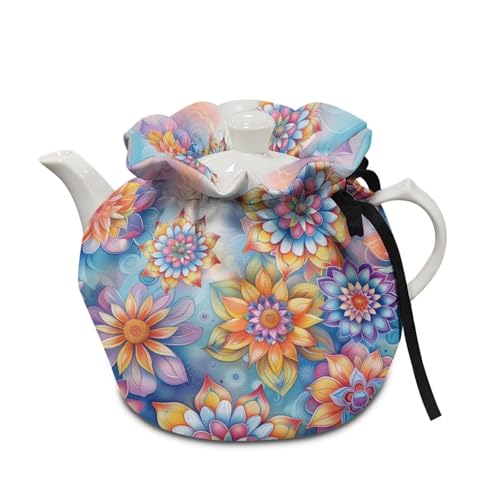 Image of Boho Flowers Dust Cover with Drawstring, Durable Dustproof Teapot Cozy Breakfast Warmer Tea Kettle Quilt for Home Kitchen Table, Red Christmas Decor