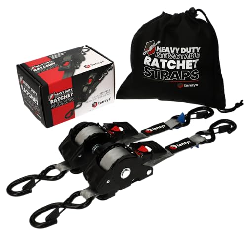 TENSYS Auto Retract Ratchet Straps Heavy Duty - 600kg Max Break Capacity, 2-Pack with Ergonomic Cushioned Grips, Carbon Steel Fastener, 2.5cm x 3m Tie-Downs, Compact Design for Cars & Trailers