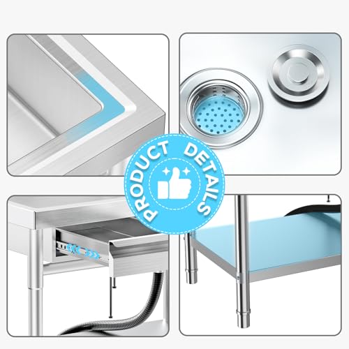 Image of 39 inch Stainless Steel Freestanding Utility Sink with Workbench & Drawer | Workbench Included, Built-In Drawer, Freestanding Design, Stainless Steel, 99 cm Wide