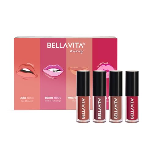Image of Bella Vita Organic Mini Kiss Proof Liquid Lipstick Gift Set of 4x2ml | Smudge & Transfer-Proof | Intense Moisturisation | Just Nude, Berry Nude, Mocha Madness, Cherry Pop | Lipstick Combo Set