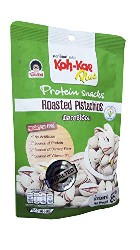 Koh Kae plus, 2 Packs of Roasted Pistachios, Premium grade Protein snacks by Koh-Kae plus. Unsalted, No artificials, Source of protein, Source of dietary fiber, Source of vitamin B1. (85 g/ pack).