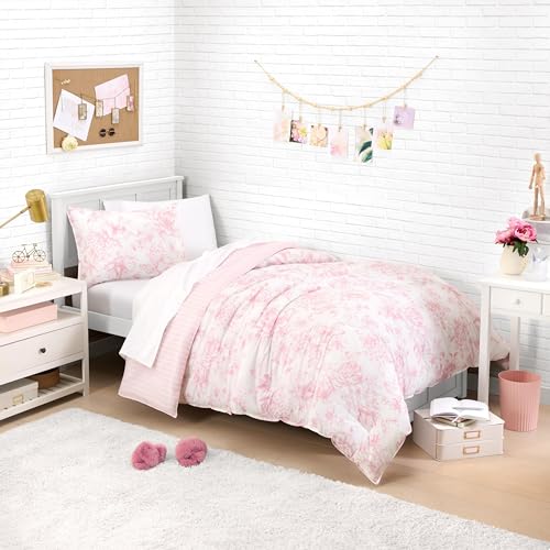 Image of Laura Ashley - Twin /Twin XL Bedding Bundle, Reversible Comforter with Matching Pillowcases & Cotton Percale Sheet Set, Floral Bedding with a Crisp & Cool Feel (Pink)