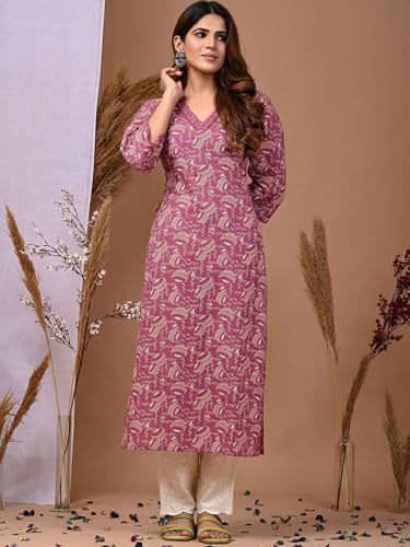 Image of Rimeline Women's Cotton Printed Kurta with Embroidered V-Neck Detail | Straight Fit Ethnic Wear for Casual, Office & Daily Use