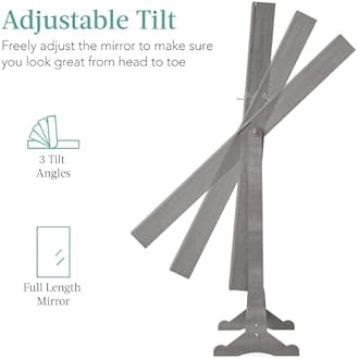 Best Choice Products Freestanding Jewelry Armoire Cabinet, Full Length Standing Mirror, Lockable Makeup Storage Organizer, w/Velvet Lining, 3 Angles, Lock, Accessory Pouch, 5 Shelves - Gray Oak