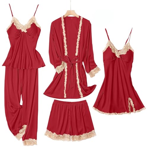 Image of SAPJON Womens Pajama Sets 5PCS Silk Pajamas for women Cute Sleepwear Loungewear Satin Pajamas Sets for Women Soft