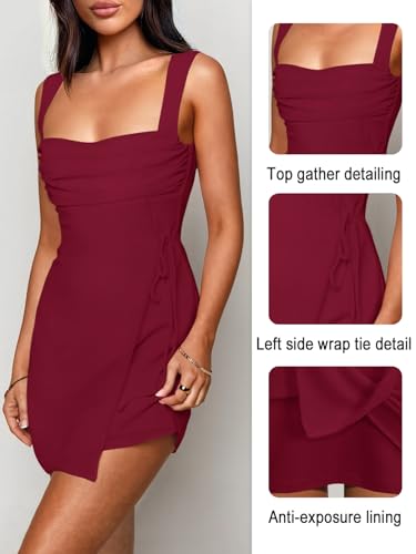Image of Women's Sexy Ruched Mesh Midi Short Dresses for Women Square Neck Fitted Elegant Club Party Cocktail Dress