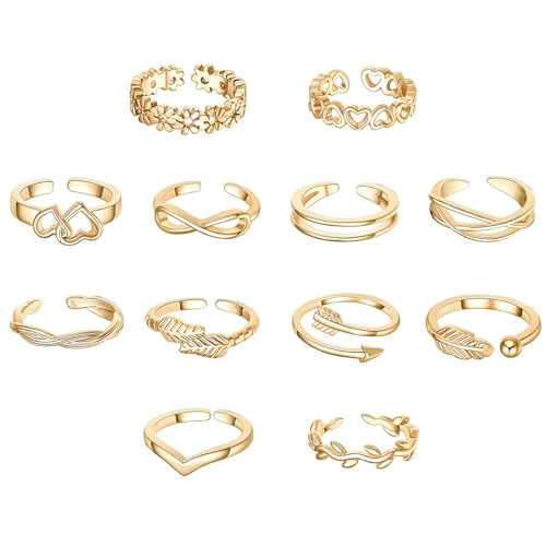 KONPJE 12PCS Toe Rings for Women 14K Gold/Silver Plated Toe Ring Set Adjustable Open Heart Arrow Infinity Rings Beach Foot Jewelry for Summer