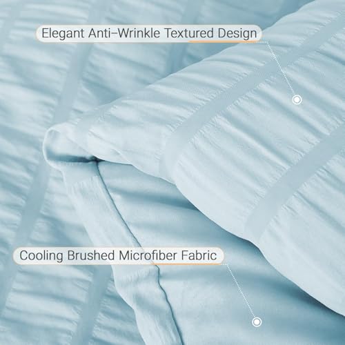 MUXHOMO 5 Pieces Twin Comforter Set, Seersucker Bed in a Bag Twin Size, All Season Luxury Bedding Set with Comforter, Flat Sheet, Fitted Sheet, Pillowcase & Sham, Lake Blue