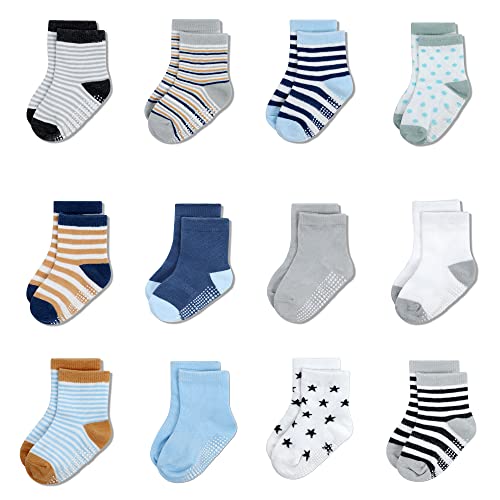 Image of Elevon Baby 12-Pack All Weather Non Slip Grip Ankle Socks Unisex for Infants Toddlers Kids Girls Boys 0-6 Months
