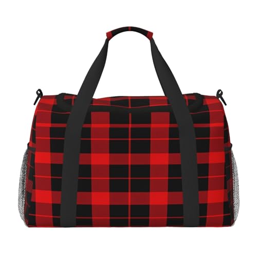 Duffle Bag Classic Red Black Plaid Travel Duffel Bags for Men Women with Adjustable Strap Carry on Gym Bag Overnight Weekender Bag