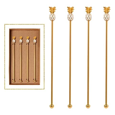 GaryVault Stainless Steel Coffee Beverage Stirrers Stir Cocktail Drink Swizzle Stick with Multicolor Pineapple Metal Top,4PCS GOLD stirrer Cover