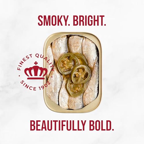 Image of King Oscar Wild Caught Brisling Sardines in Extra Virgin Olive Oil with Jalapeno Peppers, 3.75 oz Cans, Pack of 12, Spicy Tinned Fish