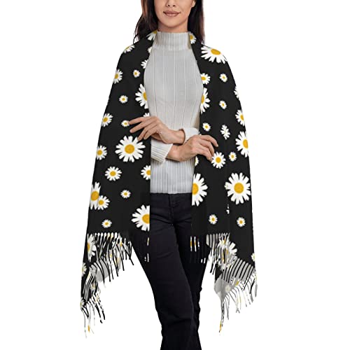 Bagea-Ka White Yellow Daisy Flower Black Scarf Long Shawl Wraps Pashmina for Women Girls with Tassels Soft Warm Cozy