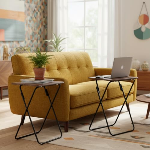 FurnitureR Set di 2 tavolini pieghevoli, ripiani da tavolo in MDF, copridivano, comodini, stile industriale, per piccoli spazi, per il soggiorno, balcone e pianta da tavolo