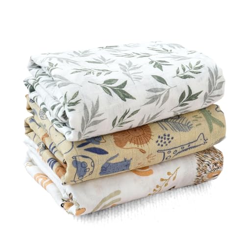 Image of Muslin Swaddle Blankets for Baby Boys and Girls,3 Pack Breathable Soft Receiving Blanket,Large 43.3X 43.3 inches,Newborn Essentials Must Haves(Jungle)