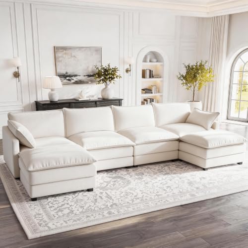 Image of 146 inch U-Shape Modular Sofa with 2 Ottomans, Deep Seat Cloud Convertible Sleeper, 2 Arm Pillows, Comfortable Large Upholstered Furniture for Living Room Apartment, Beige