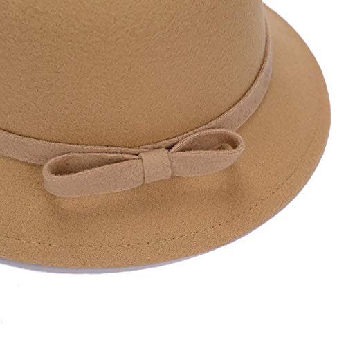 Women's Cloche Round Hat, Wool Blend Felt Bucket Hat Vintage Bow Fedora Church Caps4