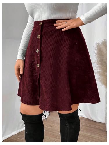 WDIRARA Women's Plus Size A Line Button Front Skirt High Waisted Corduroy Skirts4