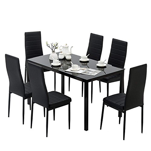 Mecor 7 Piece Glass Kitchen Dining Table Set, Glass Top Table with 6 Faux Leather Chairs Breakfast Furniture,Black