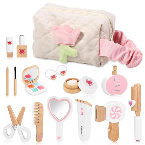 Set Maquillaje de Madera Niña, Set Maquillaje Niñas, Accesorios Tocador Infantil, Juguete de Madera Juego de rol 16 Piezas, Cumpleaños para Niñas de 3, 4, 5 Años en Adelante