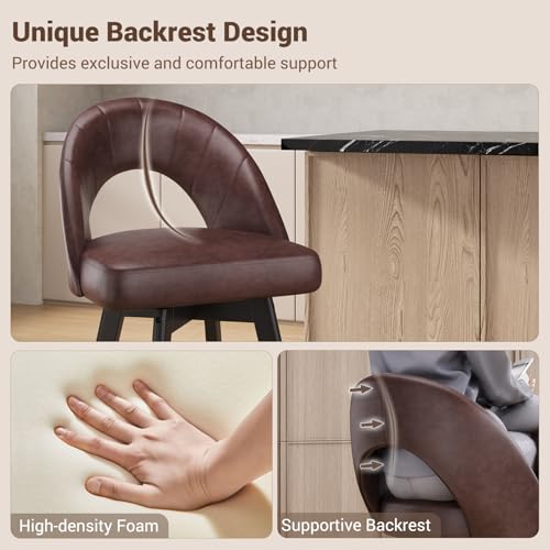 Image of YaFiti 24 inch Counter Height Bar Stools Set of 2, Modern Swivel Bar Stools with Ergonomic Curved Back, Faux Leather Seat & Solid Wood Legs, Saddle Brown