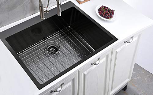 Friho 33\"x 22\" Inch 18 Gauge Commercial Large Topmount Drop-in Single Bowl Basin Handmade SUS304 Stainless Steel Kitchen Sink,Black Kitchen Sinks with Dish Grid and Basket Strainer
