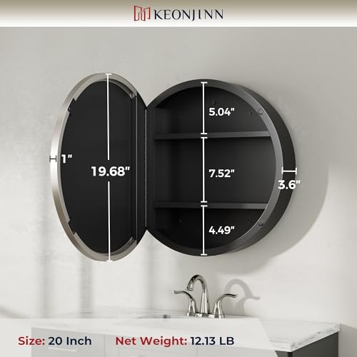 Image of Keonjinn 20 Inch Round Medicine Cabinet with Mirror, Brushed Nickel Surface Mount Medicine Cabinet for Bathroom, Framed Circular Bathroom Cabinet Wall Mounted, Round Vanity Mirror with Storage