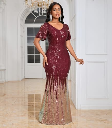 Image of Cololura Women Sexy Elegant Sequin Short Sleeve Party Bodycon Maxi Dress Cocktail Evening Gown Formal Dresses