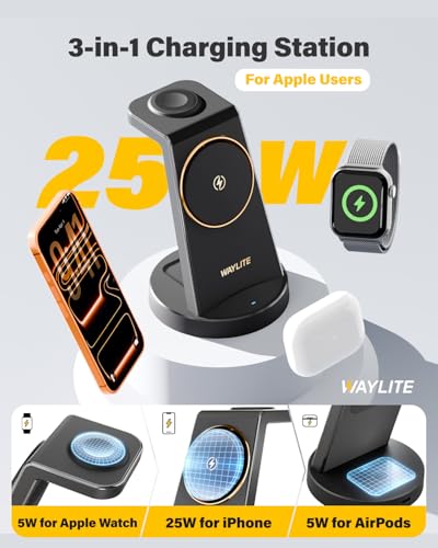 Image of 3 in 1 Fast Charging Station for iPhone, 25W Wireless Magnetic Phone Charger for iPhone 17 16e 16 15 14 13 12 Serise, Watch Charger Stand, Wireless Charging Station for AirPods 4 3 Pro, Dark Black