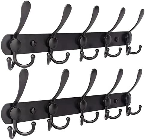Qihtldsy Coat Rack Wall Mount, Stainless Steel Coat Hooks, 5 Tri Hooks, Heavy Duty Hook Rail for Coat Hat Towel Bag Purse Robes Bedroom Kitchen Bathroom Entryway (Black, 2 Packs)