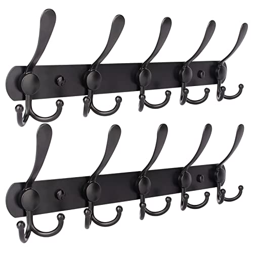 Qihtldsy Coat Rack Wall Mount, Stainless Steel Coat Hooks, 5 Tri Hooks, Heavy Duty Hook Rail For Coat Hat Towel Bag Purse Robes Bedroom Kitchen Bathroom Entryway (Black, 2 Packs) #TOP23