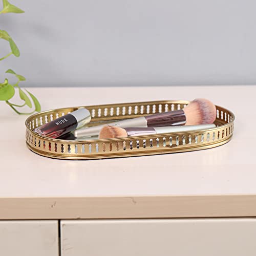 Image of Craft Brio -A TRENDY HANDICRAFTS Oval Glass Mirror Gold Plated Serving Tray Decorative Diwali Gifting Vanity Perfume Storage Pooja Wedding Gifting Trays (28 X 16 cm)
