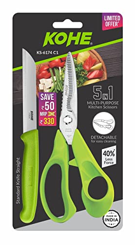 Image of KOHE 5 in 1 Multi - Purpose Stainless Steel Detachable Kitchen Scissors with 1 Standard Non Serrated Classic Kitchen Knife | Kitchen Knife Set