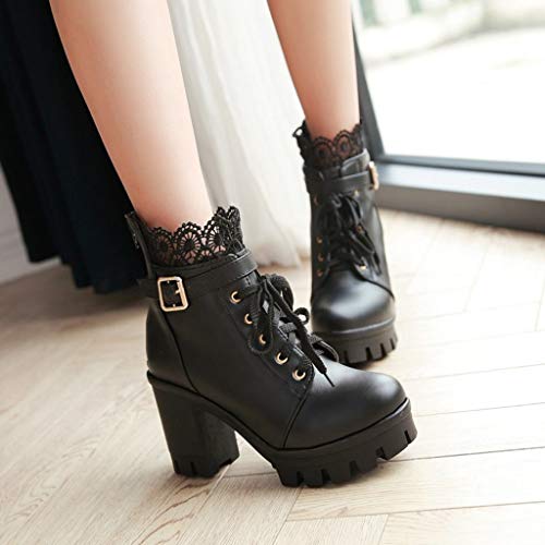 EIYEI Platform Boots for Women, Heeled Combat Boots Chunky Heel Booties Goth Round Toe Lace Up High Heel Ankle Boots Floral Lace Casual Buckle Short Booties for Bride Wedding Cosplay Party3