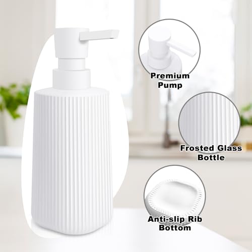 Image of 2 Pack Glass Small Soap Dispenser for Bathroom and Kitchen 250ml /8.5oz Dish Soap Dispenser Modern Farmhouse Striped Style Hand Soap Dish Soap Dispenser with Pump (White)