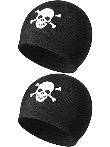 SATINIOR 2 Pieces Skull and Crossbones Beanie Black Knitted Skull Cap Luminous Halloween Knit Hat for Men Women Cosplay Hunting Camping Outdoor Activities