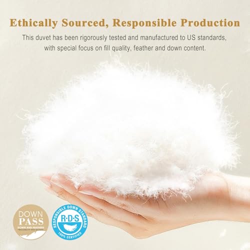 100% Organic Feather Down Comforter Full/Queen Size, Luxury Extra-Fluffy Duvet Insert, All Season Bed Comforter with Ultra-Soft Organic Cotton Case (90x90 Inch, Ivory White)
