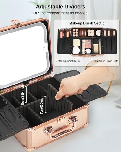 Image of Relavel Makeup Bag with LED Mirror, Makeup Box Travel Train Case with Rechargeable Lighted Mirror, Cosmetic Brush Organizer Storage for Makeup Artists Gifts for Women and Girls, Rose Gold