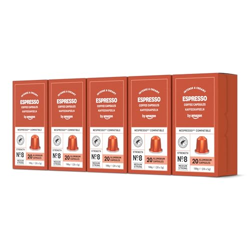 by Amazon Espresso-Kaffeekapseln aus Aluminium, kompatibel mit Nespresso, leicht geröstet, 100 Stück (5 Packungen mit je 20 Stück) – Rainforest Alliance zertifiziert