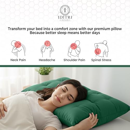 Image of Luxury Hotel Bed Pillow Set of 2, Premium Microfiber Filling, Jacquard Fabric, Concealed Zipper, Breathable Washable Cover, Green Comfort Bedding Cushion Soft, 68 x 45 x 25 cm