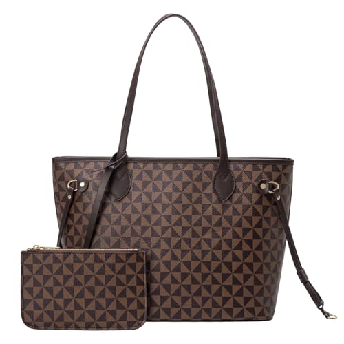 BTYAW Bolsas femininas de designer fashion bolsas de ombro com alça superior 2 peças com carteira pequena, Marrom xadrez