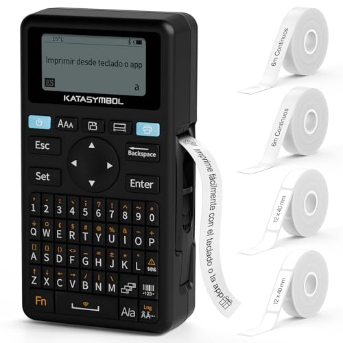 SUPVAN E11 Etiquetadora Teclado QWERTY/Bluetooth de Doble Uso, con 4 Rollos de Etiquetas Adhesivas (15mm × 6m*2 y 12mm×40mm*2), para la Escuela, la Oficina y el Hogar