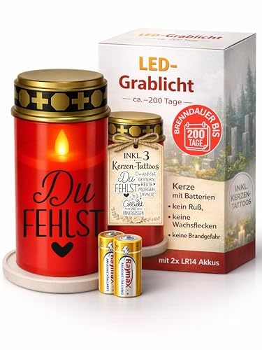 Grablichter LED mit Batterie I Grabkerzen Wetterfest für draußen mit Flackereffekt I Friedhofskerzen bis 6 Monate Leuchtdauer I Stilvolle Gedenkkerze inkl. 3 Sticker zur Gestaltung I Drytogo