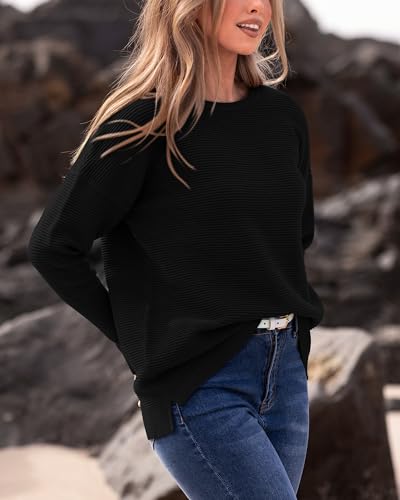 BTFBM Fall Sweaters for Women 2025 Casual Long Sleeve Sweater Striped Loose Fit Pullover Tops
