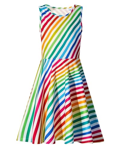 Idgreatim Vestido de niña A-Line Vestido de Verano sin Mangas Vestido Colorido Rayas de Colores Disfraz Fiesta de niñas XL